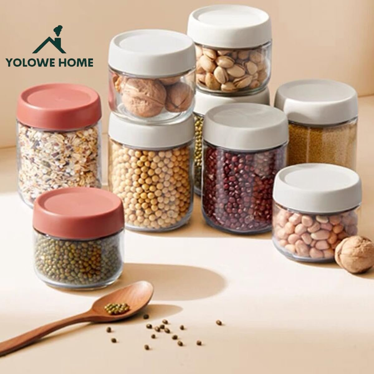YOLOWE HOME Reusable Wide-Mouthed Mason Jars Screw-Top Glass Storage Bottles Overnight Oats Fruits Salad Dressings Sauces