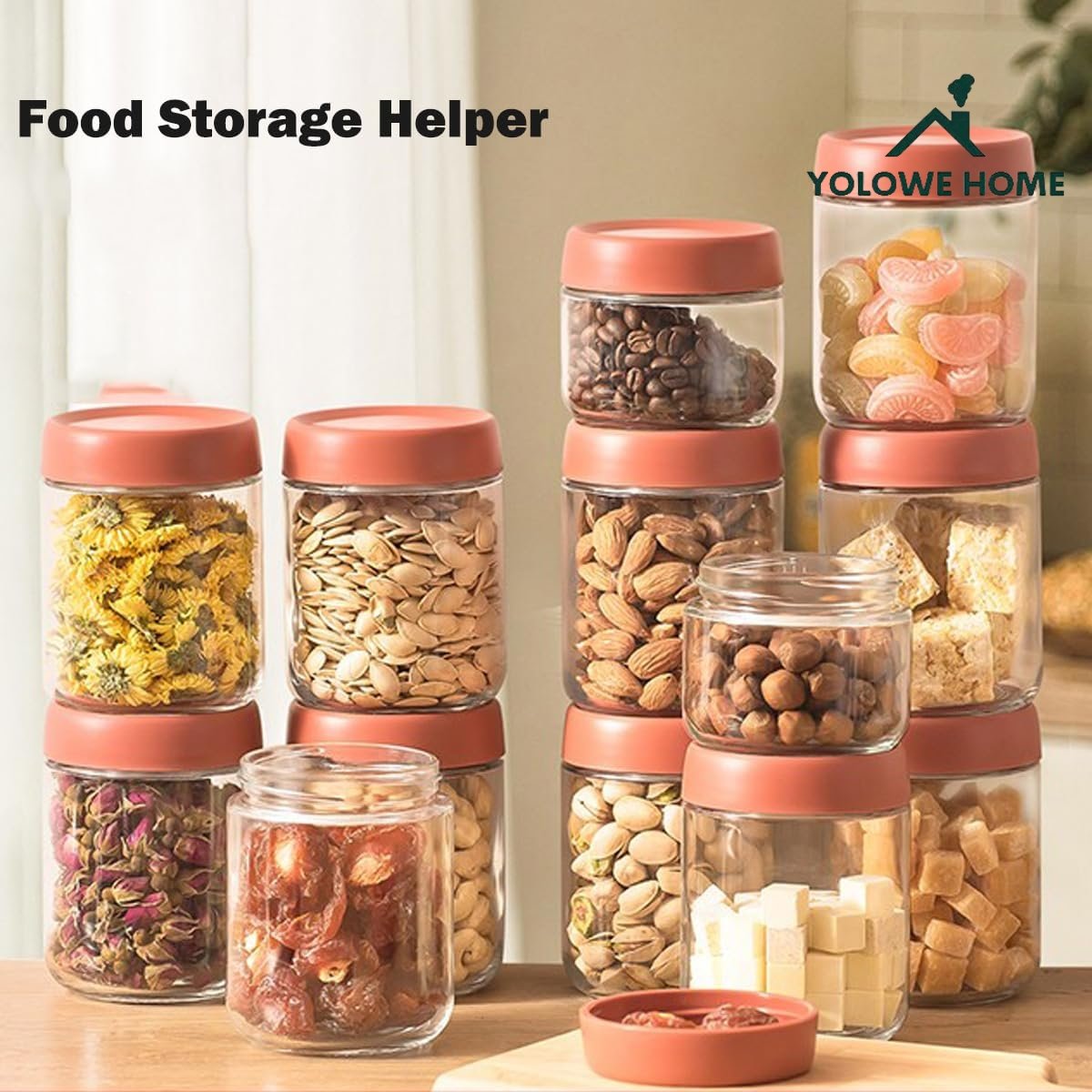YOLOWE HOME Reusable Wide-Mouthed Mason Jars Screw-Top Glass Storage Bottles Overnight Oats Fruits Salad Dressings Sauces