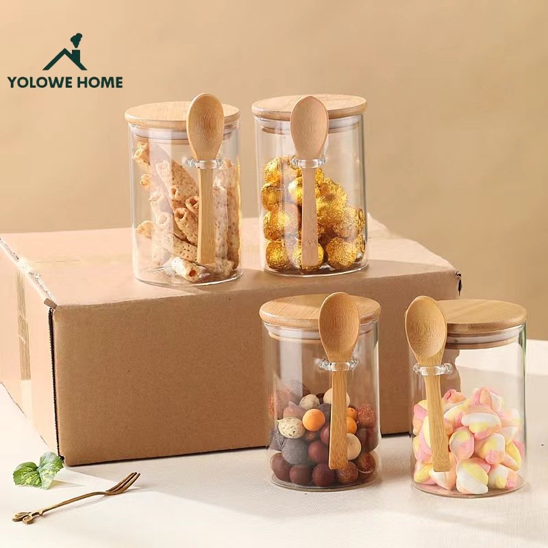 YOLOWE HOME 280ml/540ml Modern Design Glass Sealed Jar with Bamboo Lid Kitchen Food & Spice Storage Tools for Parties