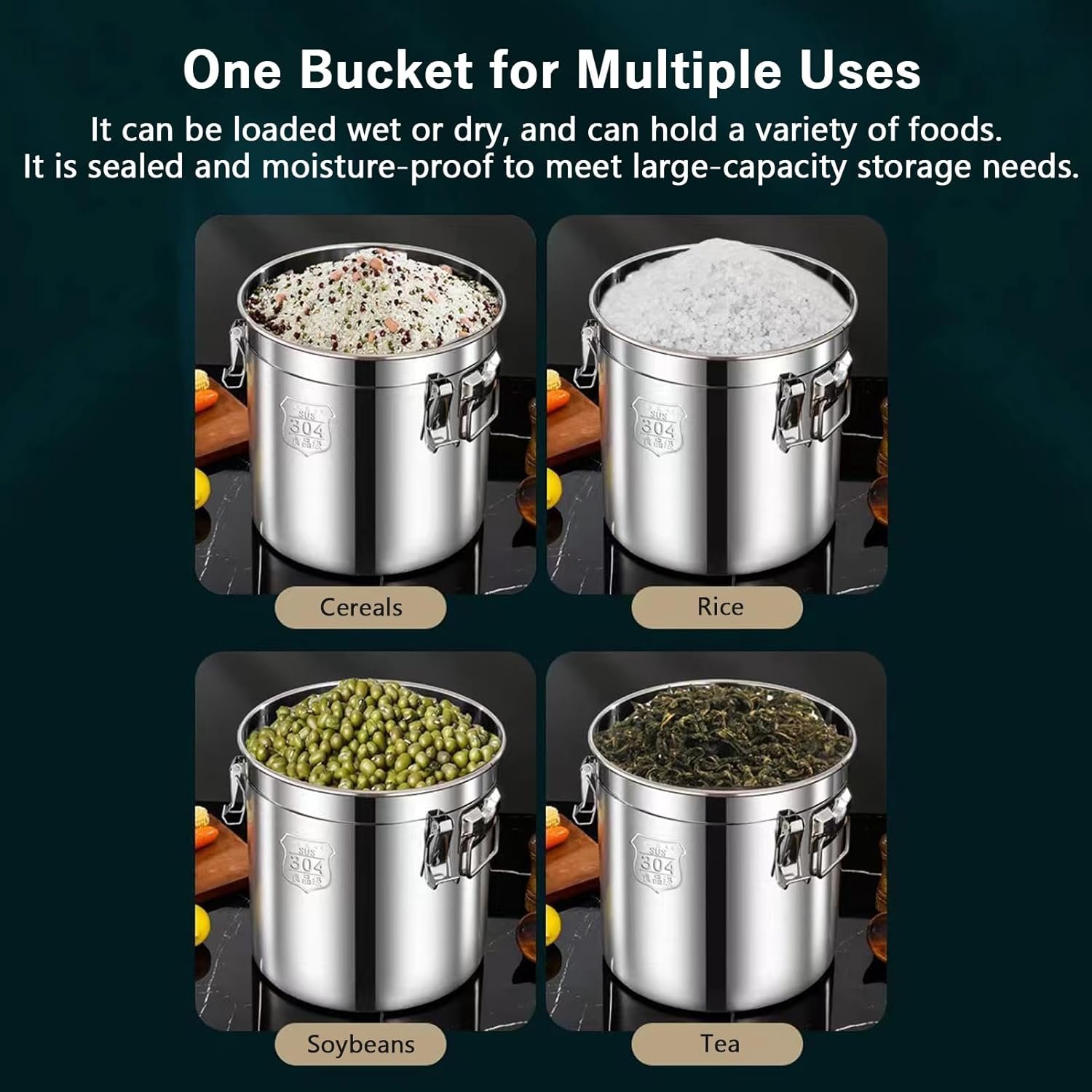 Large Capacity Food Storage Bucket For Bean Flour Airtight Soup Bucket Milk Can Stainless Steel Canister Set wih Lid Lock Clips