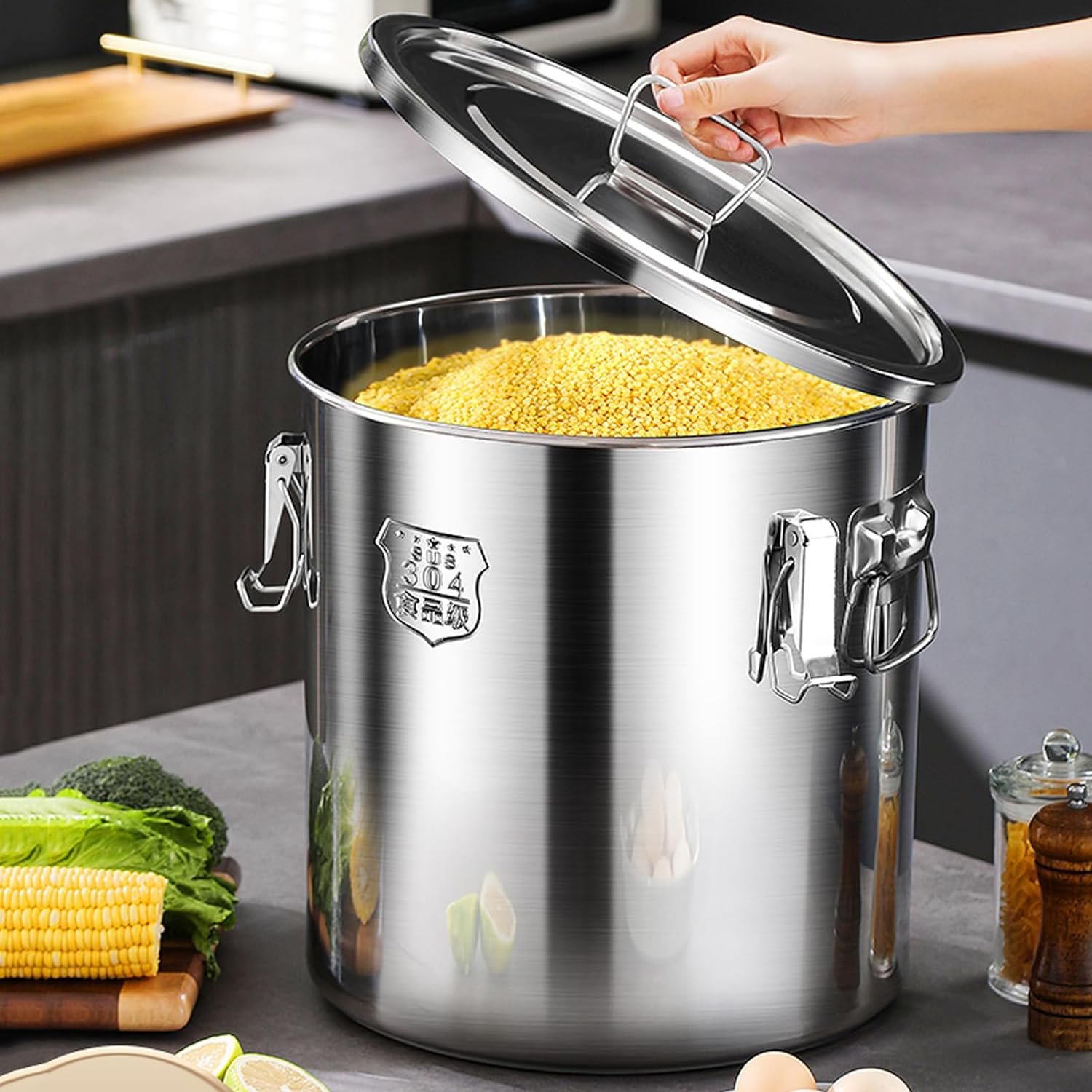 Large Capacity Food Storage Bucket For Bean Flour Airtight Soup Bucket Milk Can Stainless Steel Canister Set wih Lid Lock Clips