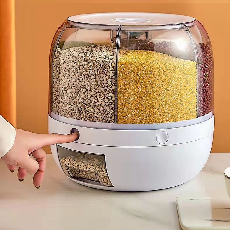 6-Grid Moisture-Proof Rice Dispenser Rotating Food Container Plastic Grain Storage Box For Kitchen