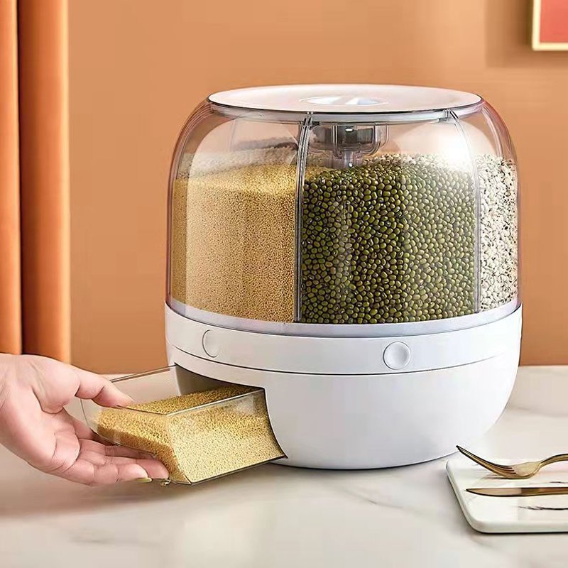 6-Grid Moisture-Proof Rice Dispenser Rotating Food Container Plastic Grain Storage Box For Kitchen