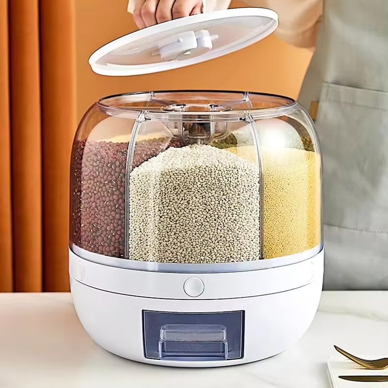 6-Grid Moisture-Proof Rice Dispenser Rotating Food Container Plastic Grain Storage Box For Kitchen