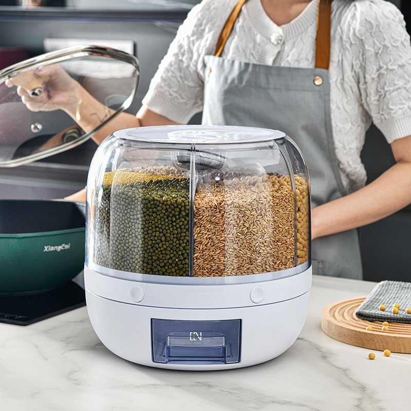 6-Grid Moisture-Proof Rice Dispenser Rotating Food Container Plastic Grain Storage Box For Kitchen
