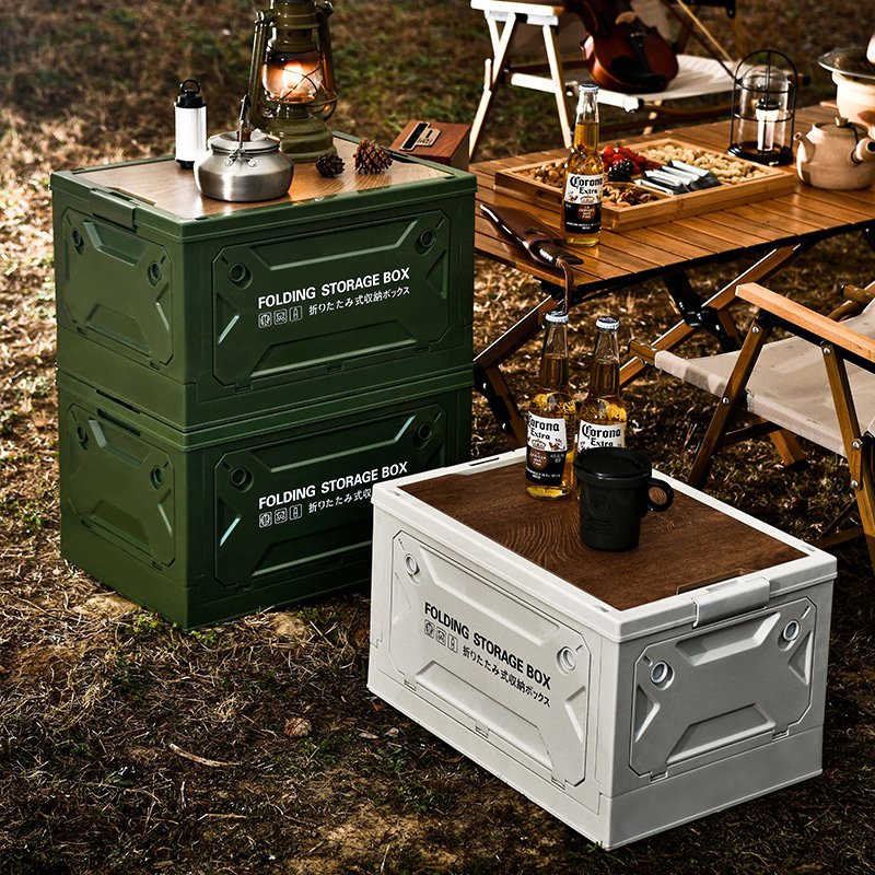 XJH Folding Storage Box Indoor Lids Multifunctional Plastic with Wooden Large Capacity Outdoor for Camping Trunk Home Sorting