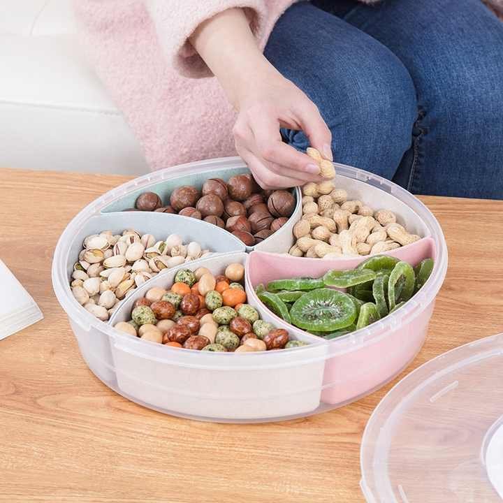 Fruit Snack Tray Veggie Tray Compartment Round Food Storage Container 5 Divided Serving Tray Platter with Lid and Handle
