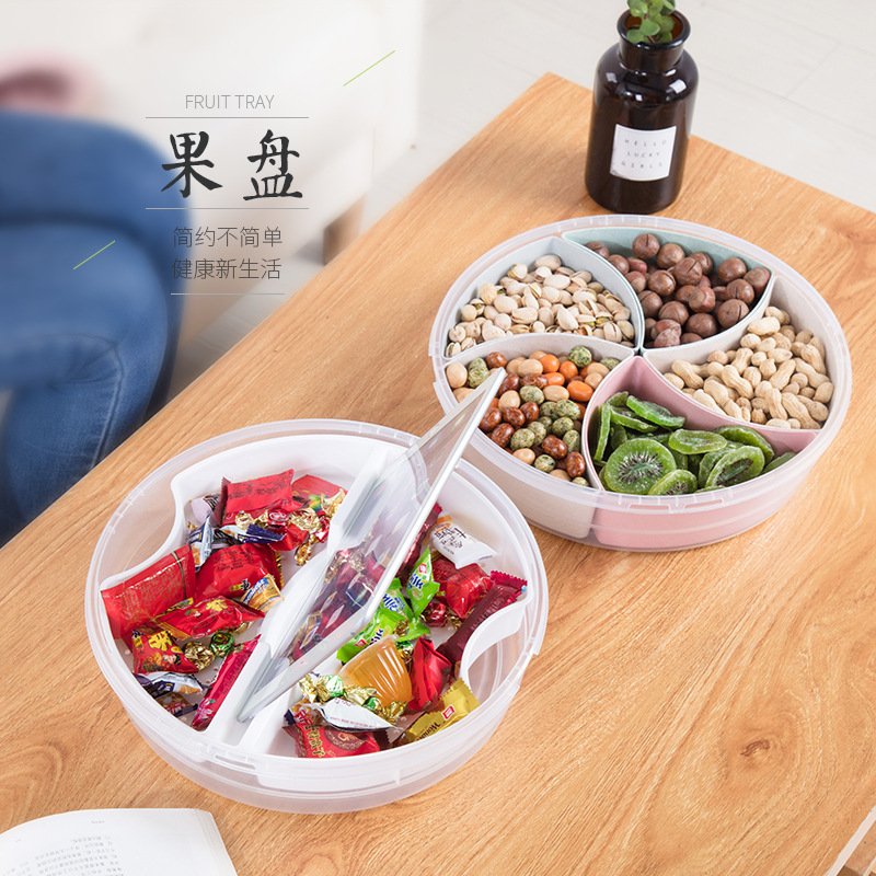 Fruit Snack Tray Veggie Tray Compartment Round Food Storage Container 5 Divided Serving Tray Platter with Lid and Handle