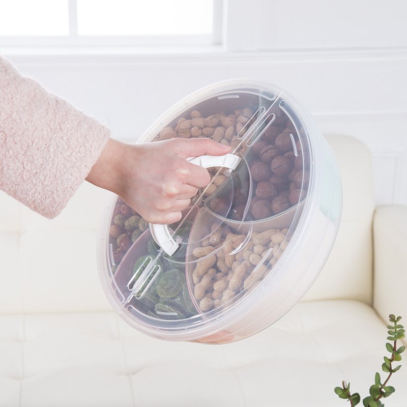 Fruit Snack Tray Veggie Tray Compartment Round Food Storage Container 5 Divided Serving Tray Platter with Lid and Handle