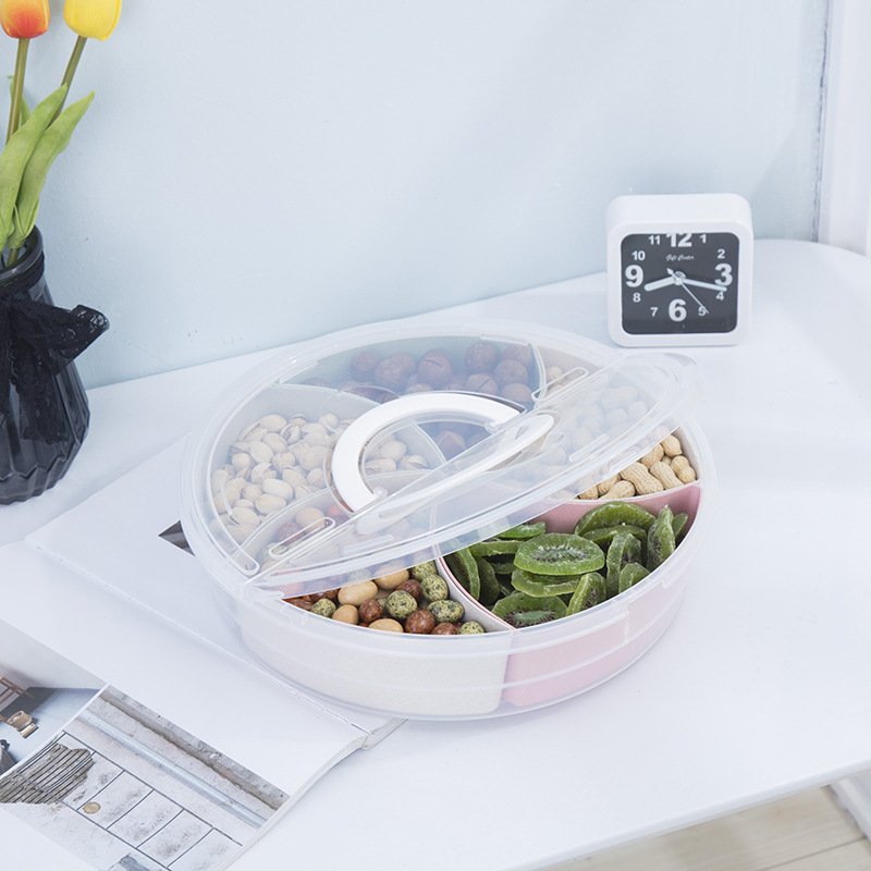 Fruit Snack Tray Veggie Tray Compartment Round Food Storage Container 5 Divided Serving Tray Platter with Lid and Handle