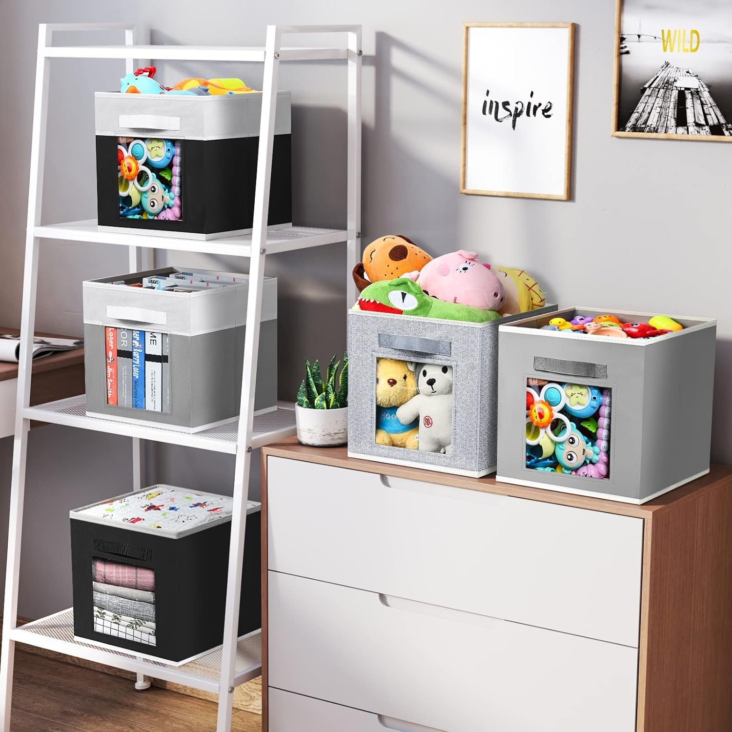 wholesale 6 Pack 11 Inch Fabric Closet Organizer foldable Grey Cube Storage Boxes Bins For Shelves
