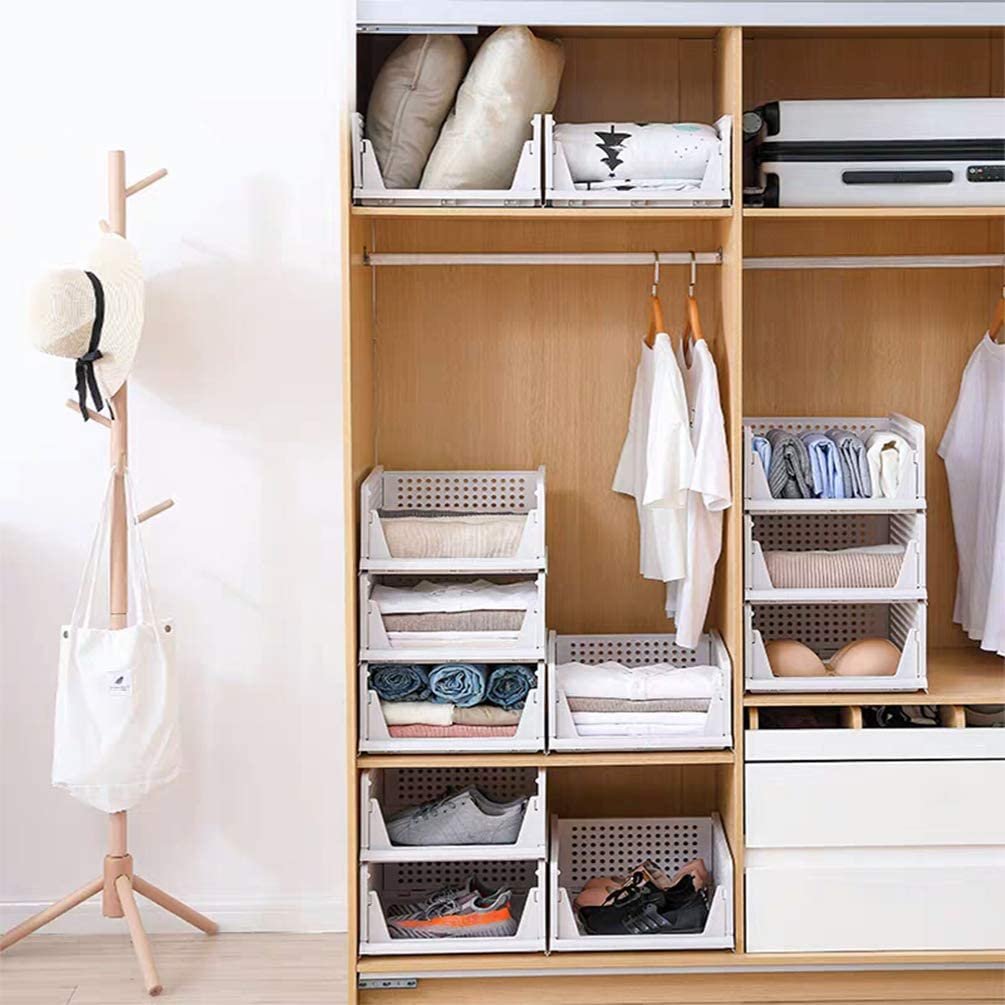 Wholesale Hot Selling Foldable Clothes Shelf Baskets Stackable Wardrobe Storage Box Plastic Closet Basket Shelf Storage Bins