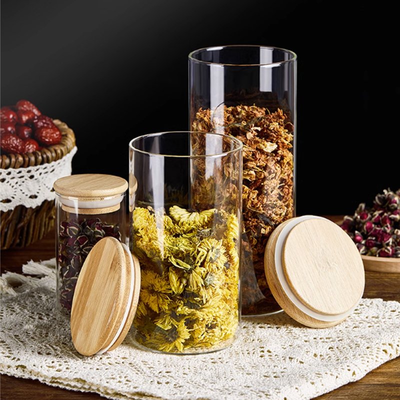 Clear Glass Jar Storage Bottles Jars Food Storage Container With Airtight Bamboo Lid
