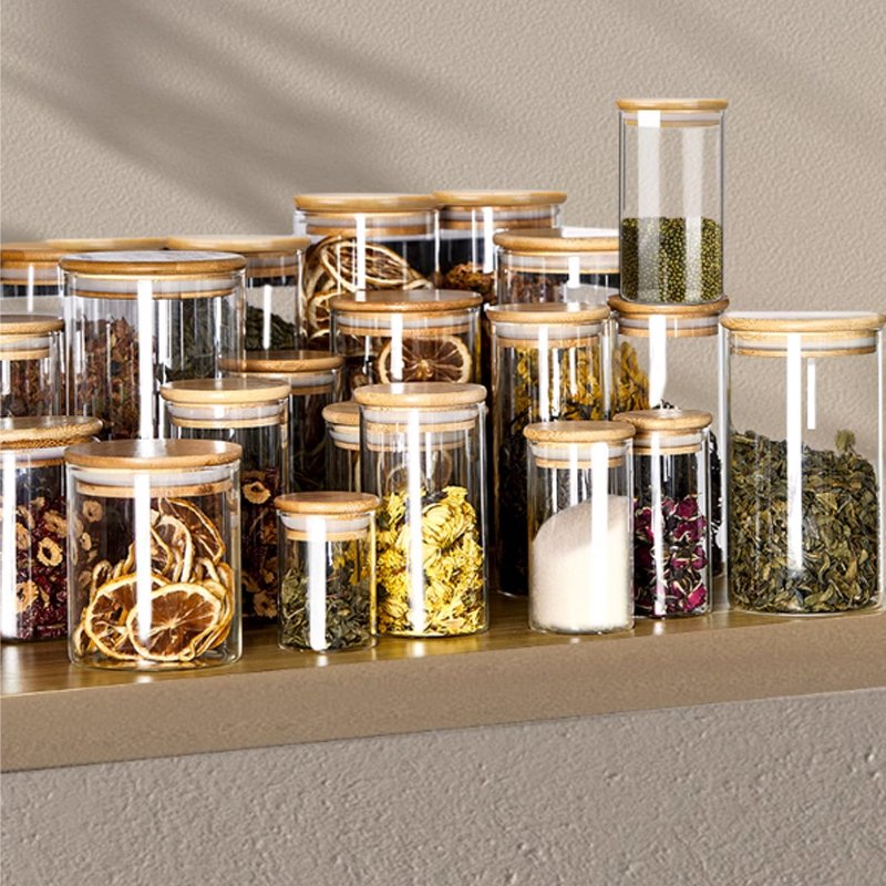 Clear Glass Jar Storage Bottles Jars Food Storage Container With Airtight Bamboo Lid