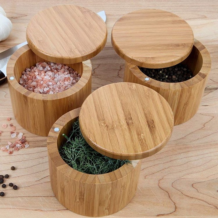 Bamboo Salt Box With Magnetic Swivel Lid 8.5oz Round Spice Container Secure Durable Storage & Organization for Seasonings