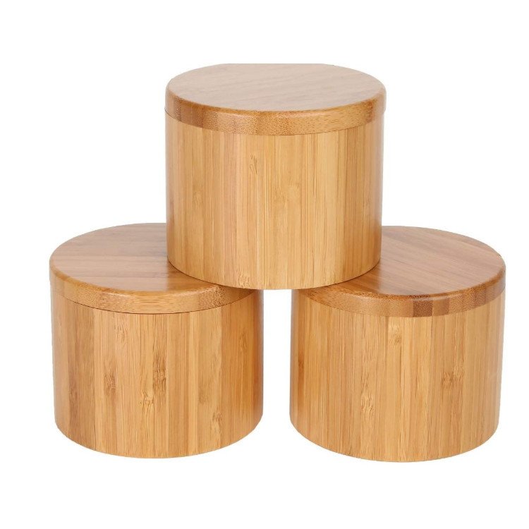 Bamboo Salt Box With Magnetic Swivel Lid 8.5oz Round Spice Container Secure Durable Storage & Organization for Seasonings