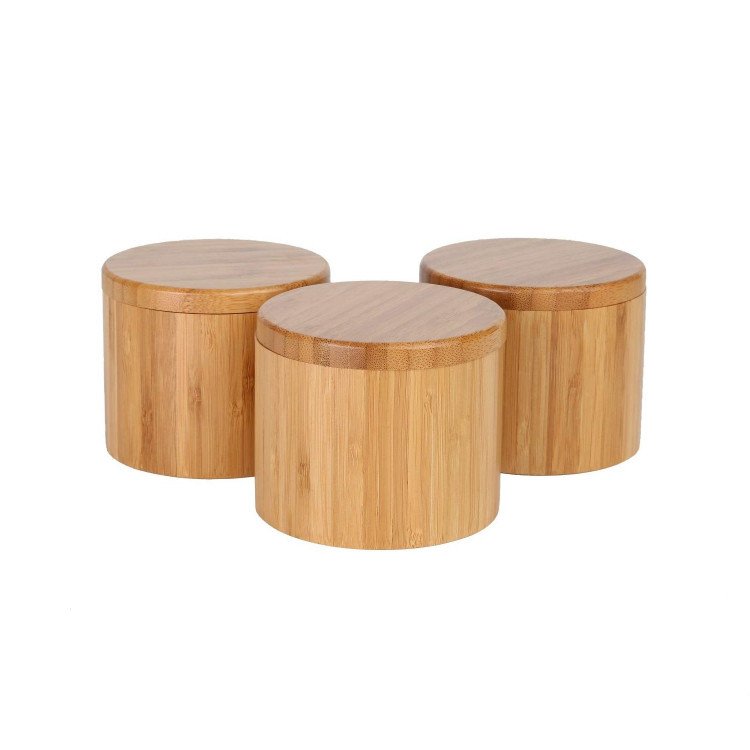 Bamboo Salt Box With Magnetic Swivel Lid 8.5oz Round Spice Container Secure Durable Storage & Organization for Seasonings