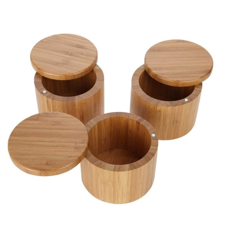 Bamboo Salt Box With Magnetic Swivel Lid 8.5oz Round Spice Container Secure Durable Storage & Organization for Seasonings