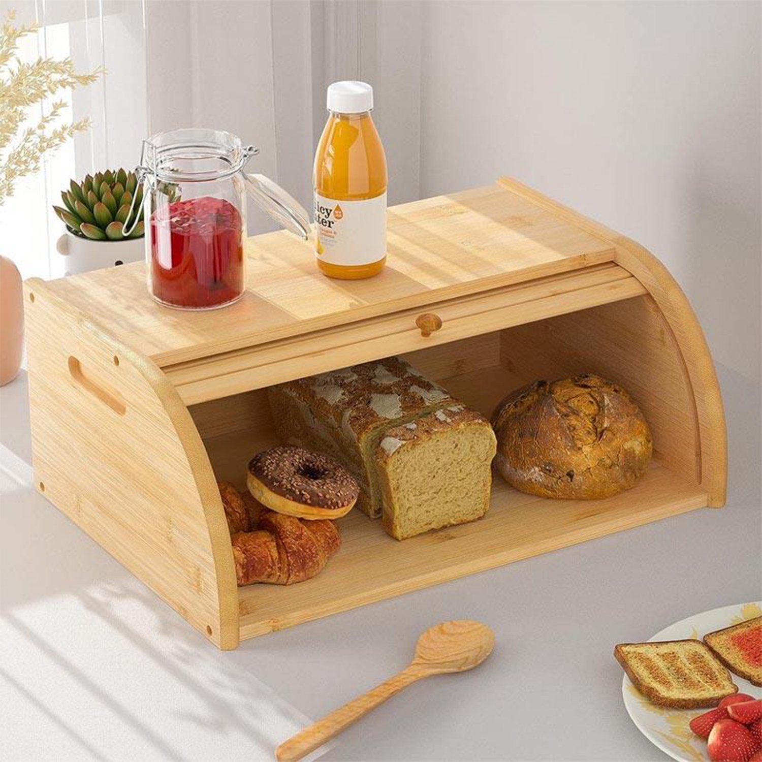 Bamboo Breadbox Roll Top Bamboo Bread Box-Kitchen Countertop Bread Holder Bread Storage Food Storage
