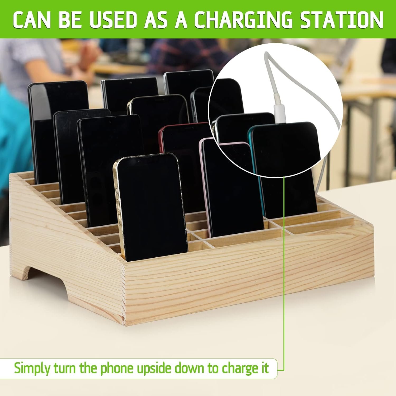 JUNJI 36-Grid Wooden Desktop Mobile Phone Organizer 36-Grid Cell Phones Storage Box for Office School Classroom