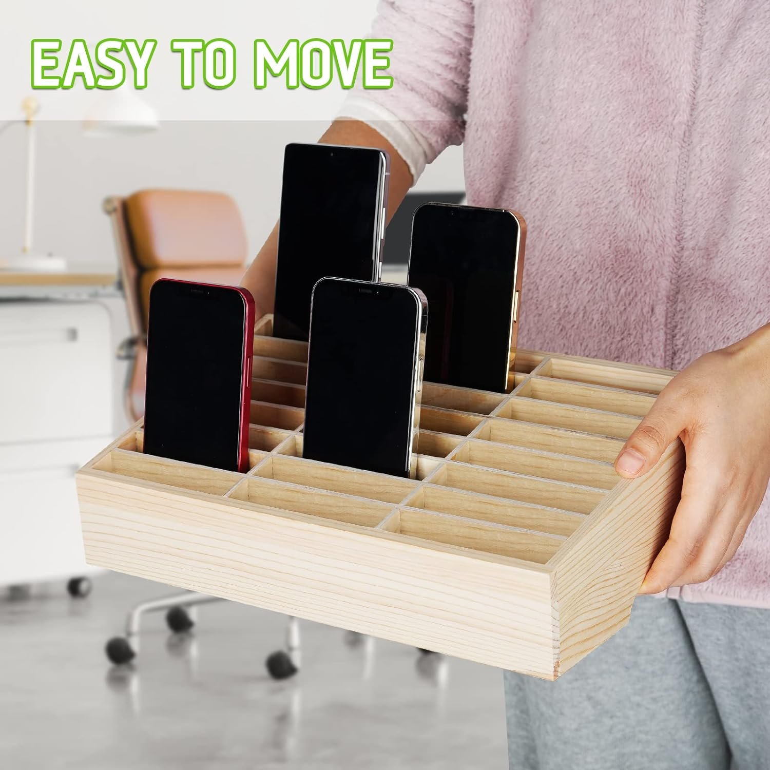 JUNJI 36-Grid Wooden Desktop Mobile Phone Organizer 36-Grid Cell Phones Storage Box for Office School Classroom