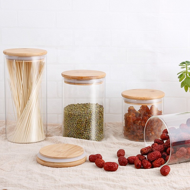 High quality Borosilicate Glass Food Storage With Bamboo Lid Kitchen Air tight Food Storage Jars