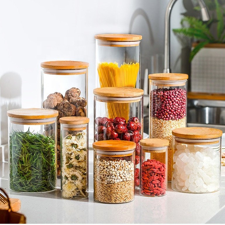 High quality Borosilicate Glass Food Storage With Bamboo Lid Kitchen Air tight Food Storage Jars