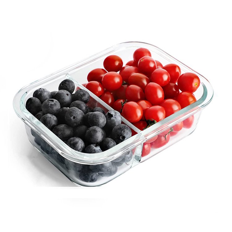 Wholesale Heatable Rectangle Borosilicate Glass Meal Prep Containers Lunch Box with Lid 2 Compartment Bento Box