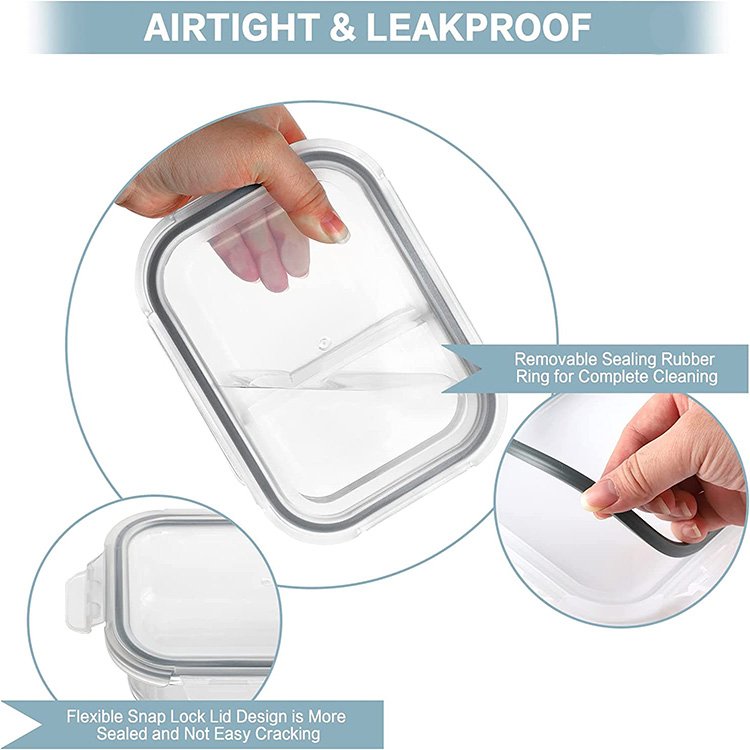 Wholesale Heatable Rectangle Borosilicate Glass Meal Prep Containers Lunch Box with Lid 2 Compartment Bento Box