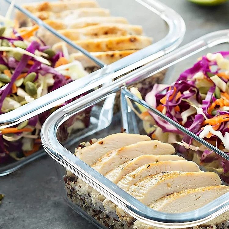 Wholesale Heatable Rectangle Borosilicate Glass Meal Prep Containers Lunch Box with Lid 2 Compartment Bento Box