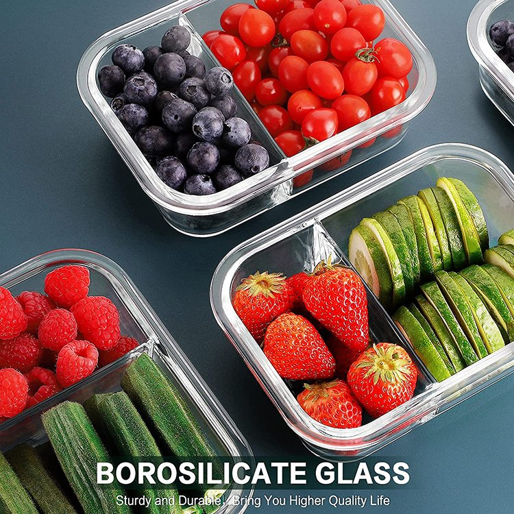 Wholesale Heatable Rectangle Borosilicate Glass Meal Prep Containers Lunch Box with Lid 2 Compartment Bento Box