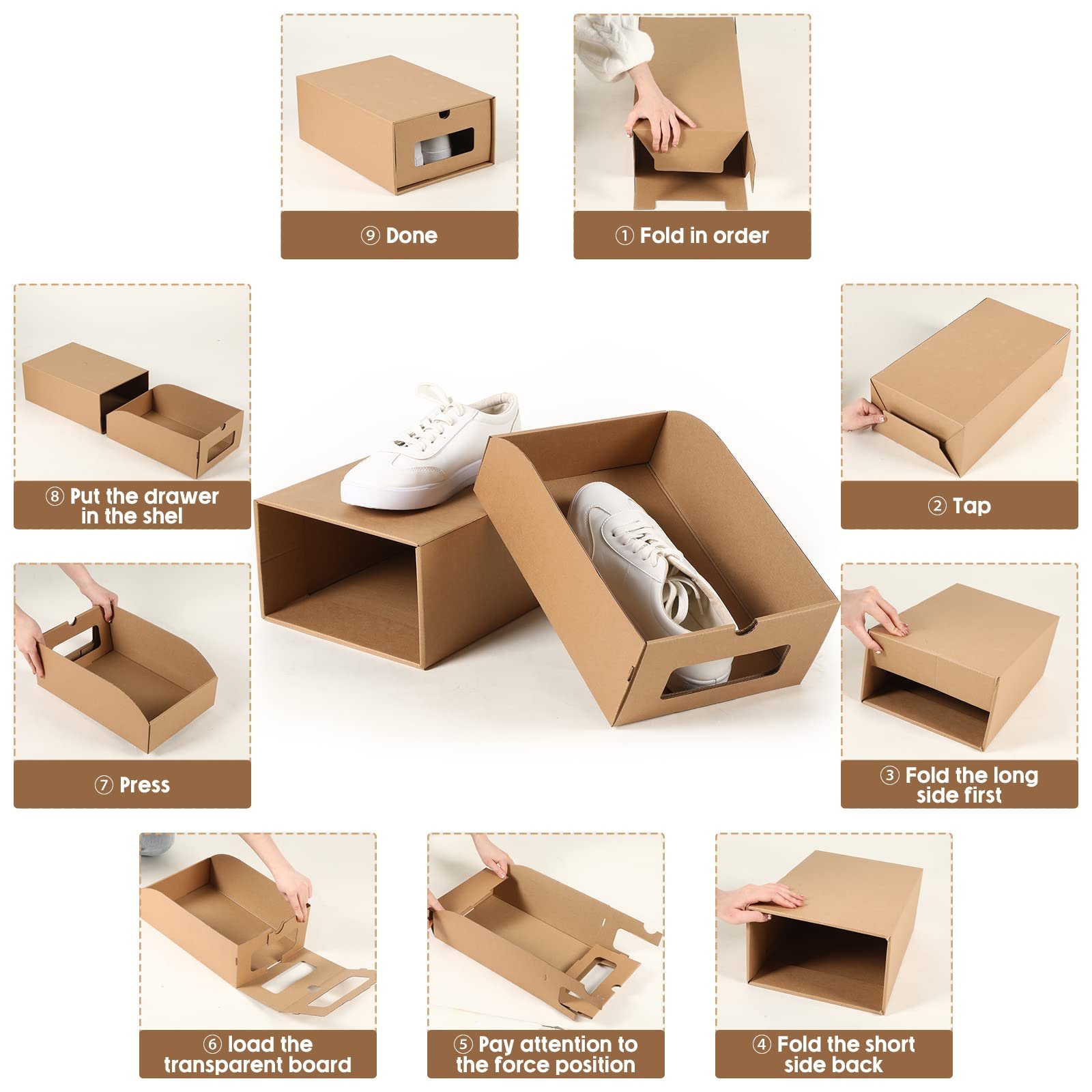 Transparent Window Waterproof Stackable Foldable Cardboard Kraft Paper Shoe Storage Box for Socks Stationery Underwear Organizer