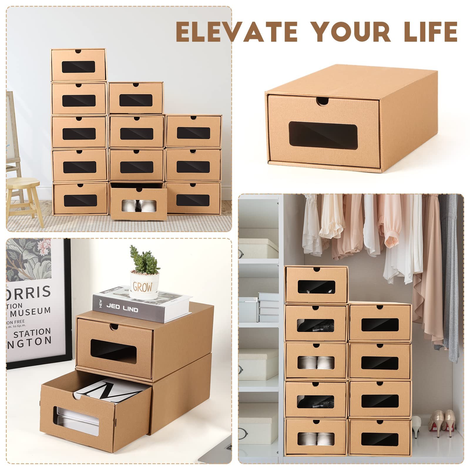 Transparent Window Waterproof Stackable Foldable Cardboard Kraft Paper Shoe Storage Box for Socks Stationery Underwear Organizer