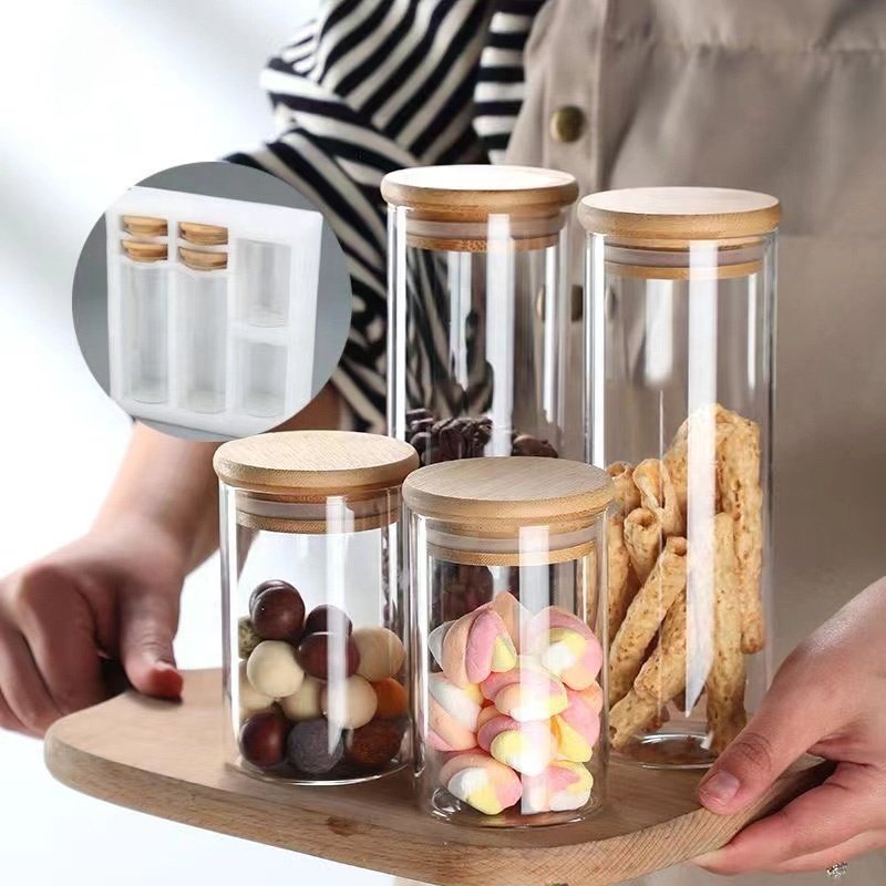 Customize Food Storage Glass Jar with Bamboo Lid Sealed Storage Containers Kitchen Clear Glass Canister for Coffee Bean