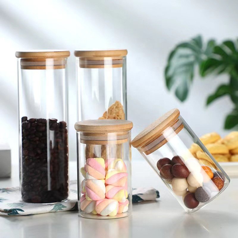 Customize Food Storage Glass Jar with Bamboo Lid Sealed Storage Containers Kitchen Clear Glass Canister for Coffee Bean