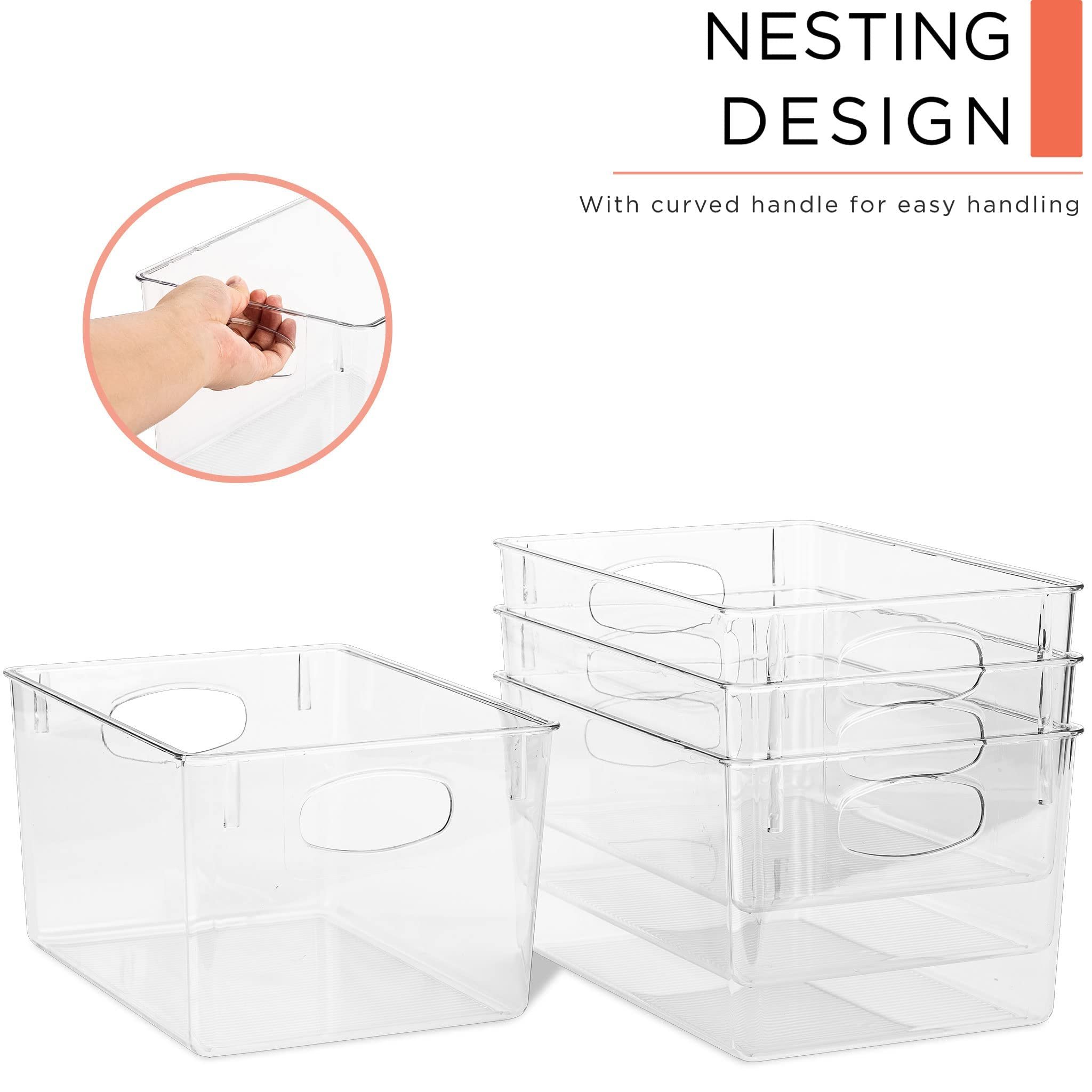 Large Storage Organizer Bins for Pantry Kitchen, Clear Plastic Storage Basket Set with Handle for Laundryroom Bathroom