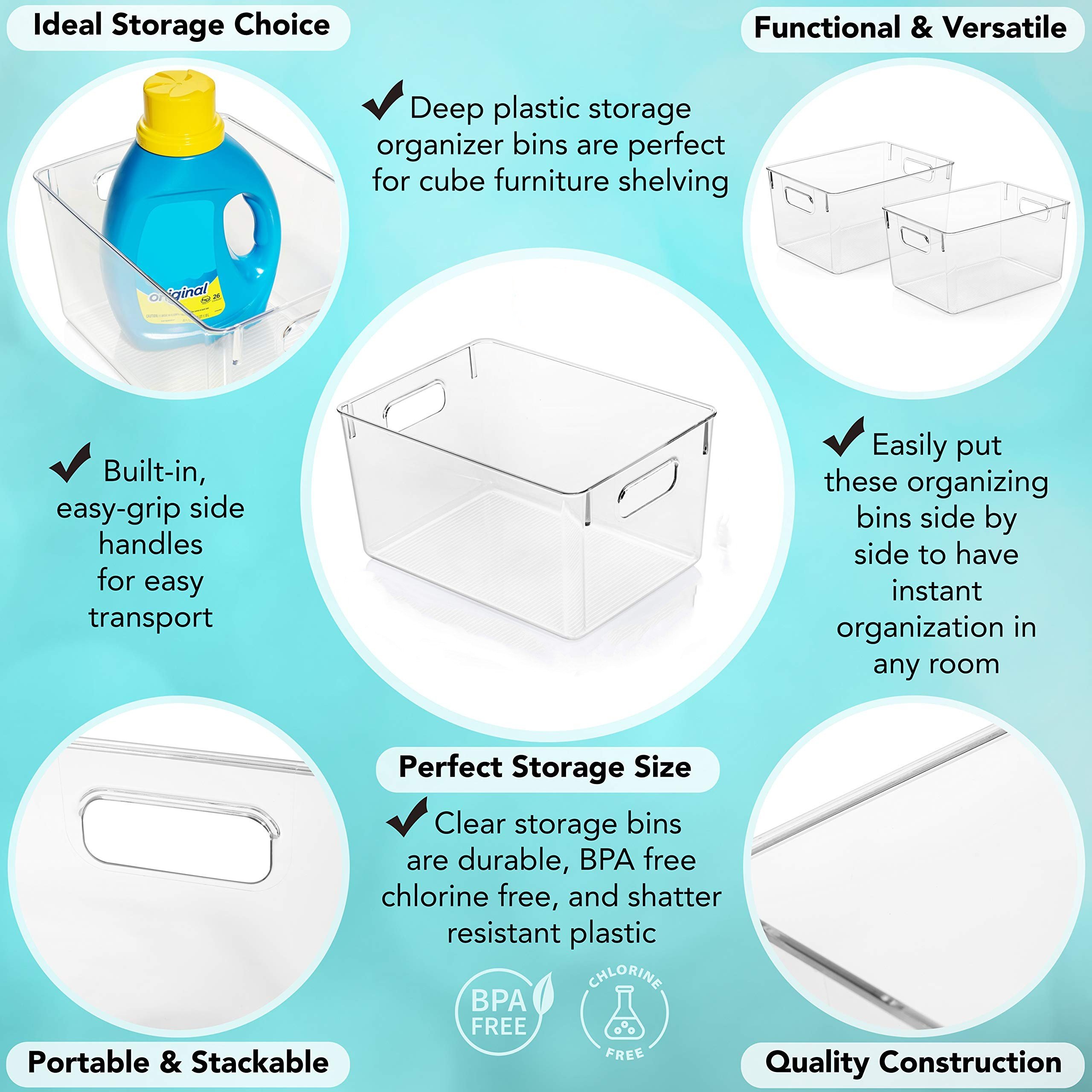 Large Storage Organizer Bins for Pantry Kitchen, Clear Plastic Storage Basket Set with Handle for Laundryroom Bathroom