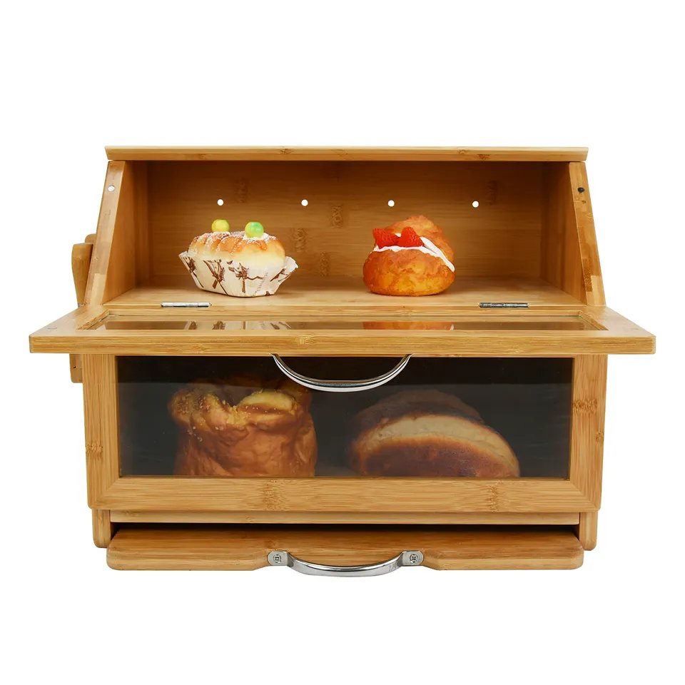 Double Layer Extra Large Natural Bamboo Bread Box Storage Container with Clear Windows for Kitchen Countertop