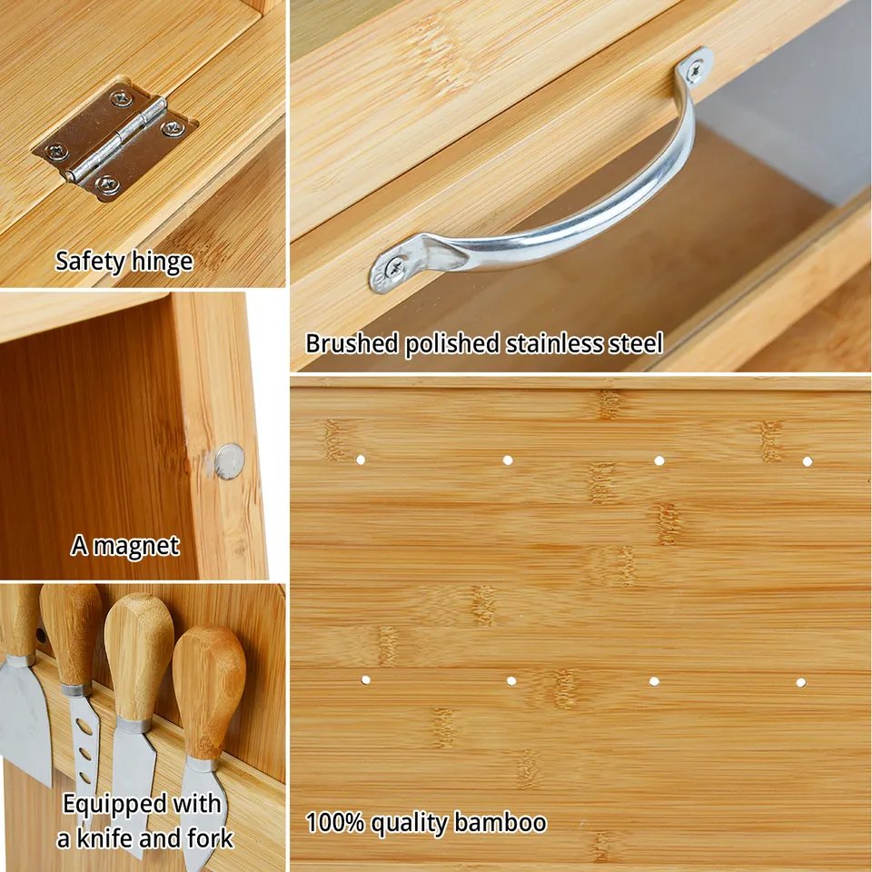 Double Layer Extra Large Natural Bamboo Bread Box Storage Container with Clear Windows for Kitchen Countertop