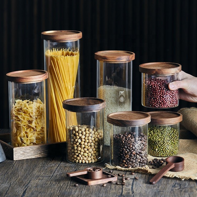 Wholesale Large Stackable Lid Kitchen Pantry Coffee Sealed Ring Food Storage Containers Glass Jar with Dark Acacia Wooden Lid