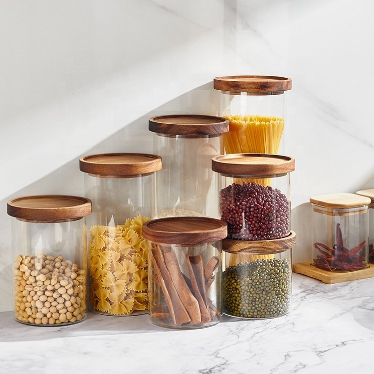 Wholesale Large Stackable Lid Kitchen Pantry Coffee Sealed Ring Food Storage Containers Glass Jar with Dark Acacia Wooden Lid