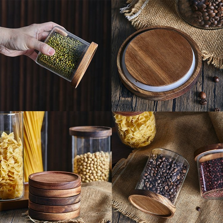 Wholesale Large Stackable Lid Kitchen Pantry Coffee Sealed Ring Food Storage Containers Glass Jar with Dark Acacia Wooden Lid