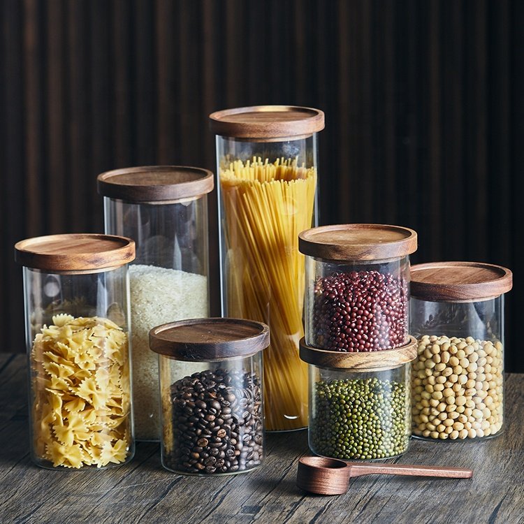 Wholesale Large Stackable Lid Kitchen Pantry Coffee Sealed Ring Food Storage Containers Glass Jar with Dark Acacia Wooden Lid
