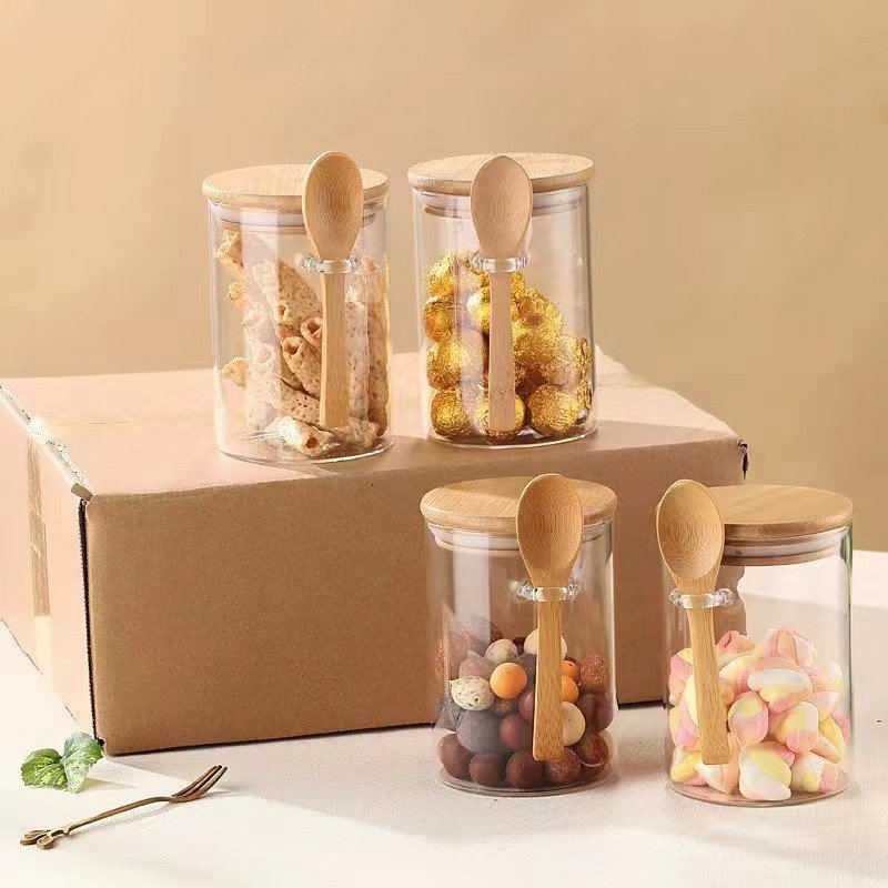 Set of 2 Airtight Glass Jars with Bamboo Lids & Spoons 20oz Borosilicate Glass Jars Containers Clear Food Storage Canister