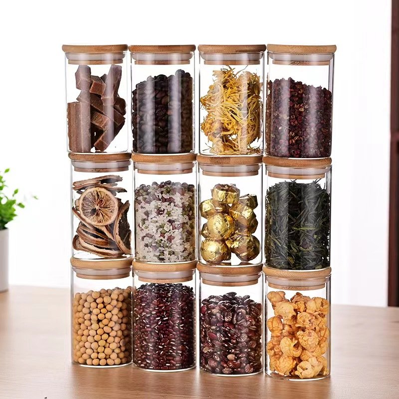 Set of 2 Airtight Glass Jars with Bamboo Lids & Spoons 20oz Borosilicate Glass Jars Containers Clear Food Storage Canister
