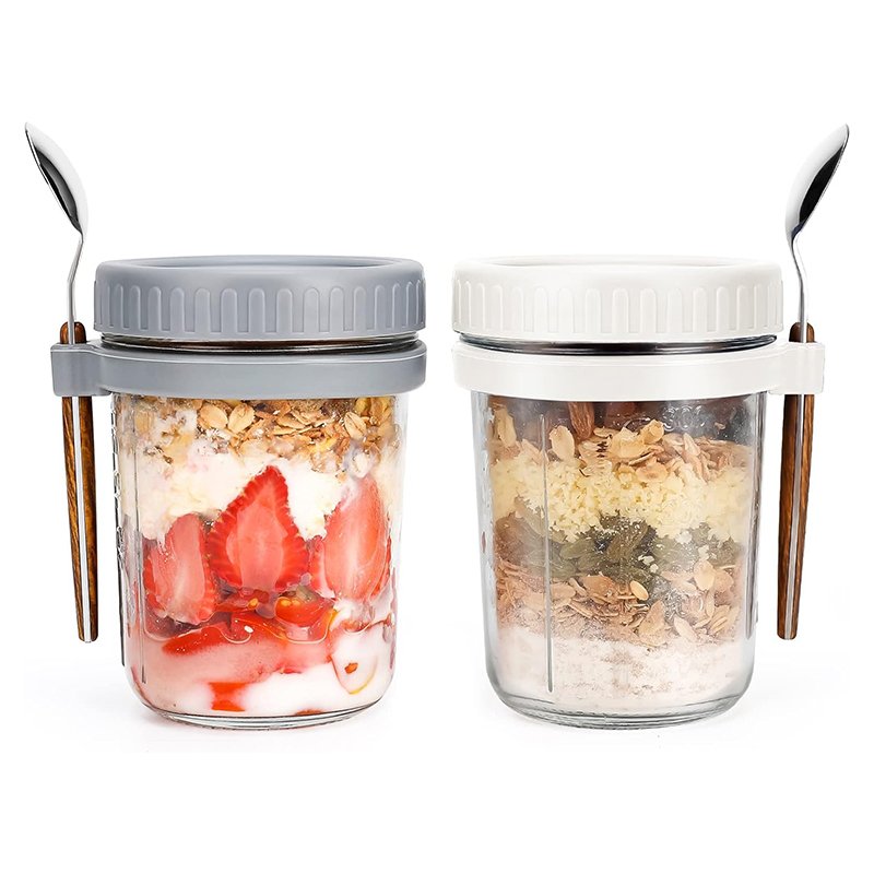 Wholesale Stock 2 sets 350ml food storage tank Mason jar with spoon and lid Mason jars for overnight oats Sealed mason jar