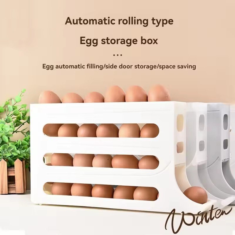 2024 Hot Selling 4-Layer Sliding Egg Storage Box Multifunctional Automatic Steel/Metal Egg Dispenser Plastic Storage Display