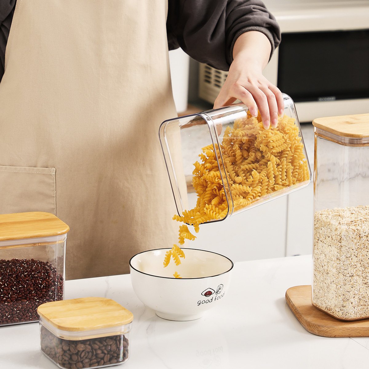 Stackable Plastic Airtight Kitchen Cereal Food Storage Organizer Jar With Bamboo Lids