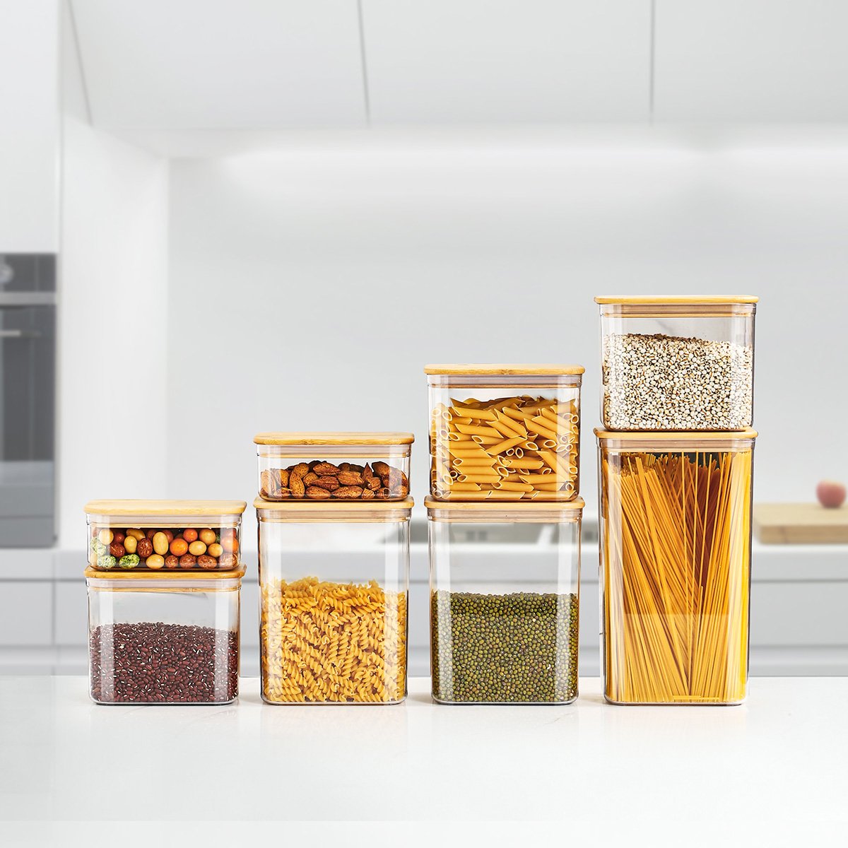 Stackable Plastic Airtight Kitchen Cereal Food Storage Organizer Jar With Bamboo Lids