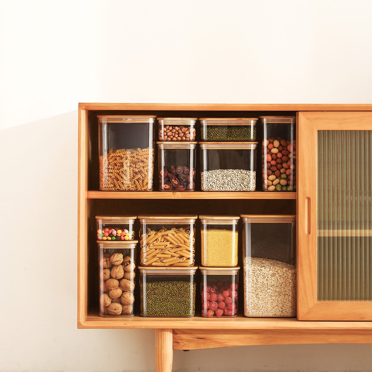 Stackable Plastic Airtight Kitchen Cereal Food Storage Organizer Jar With Bamboo Lids